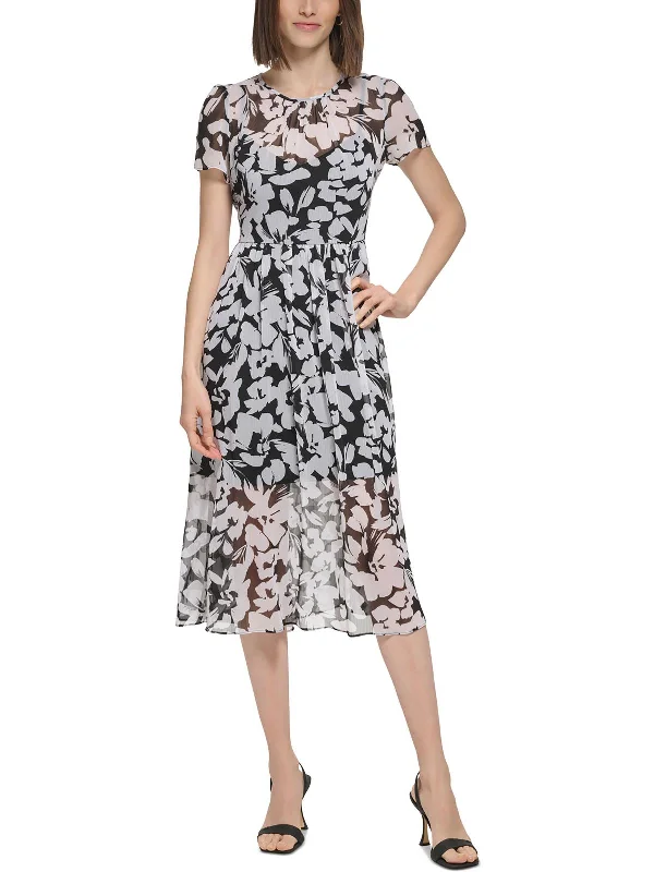 Womens Chiffon Sheer Midi Dress Fashionable High-Neck Midi Dress