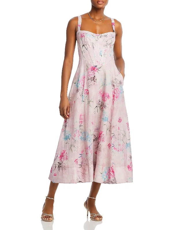 Womens Corset Top Floral Print Midi Dress Fashionable Skater Midi Dress