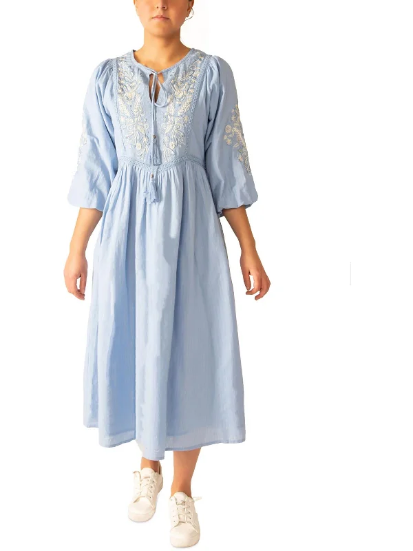 Womens Embroidered Midi Midi Dress Comfortable Lace-Up Midi Dress
