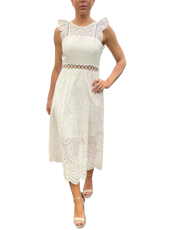 Womens Eyelet Cotton Midi Dress Stylish Halter Neck Midi Dress