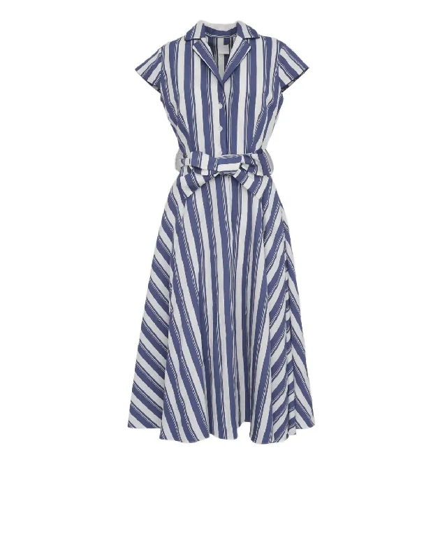 Women's Zoe Short Sleeve Midi Dress In Blue Stripes Elegant Satin Button Midi Dress