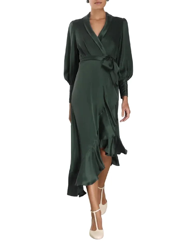 Wrap Midi Dress In Dark Green Elegant V-Neck Midi Dress