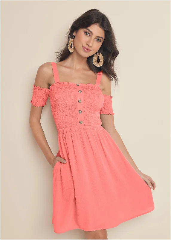 Smocked A-Line Mini Dress - Coral Elegant Lace Mini Dress