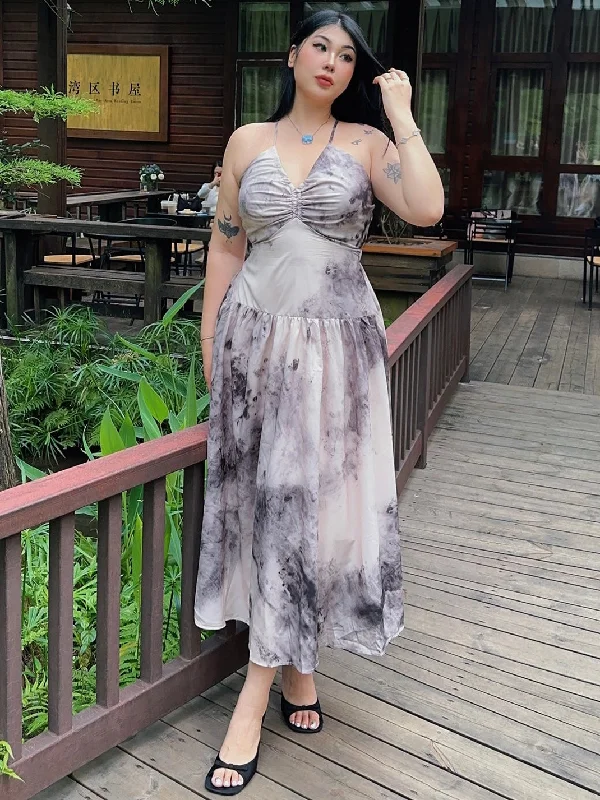 Yuna Plus Size Grey Tie Dye V-Neck Spaghetti Strap Halter Long Midi Dress Comfortable Geometric Print Midi Dress