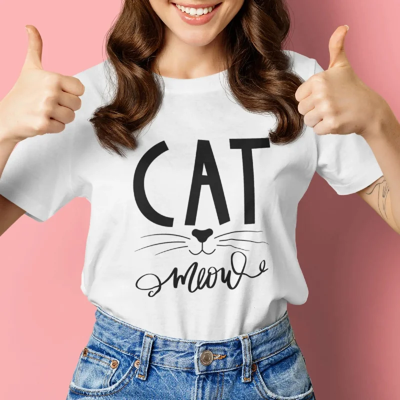 Cat Meow Round Neck Half Sleeve Classic T-Shirt Striped Floral Plaid