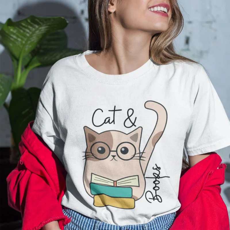 Cat & Books Round Neck Half Sleeve Classic T-Shirt Notch Collar Peter Pan Collar Cowl Neck