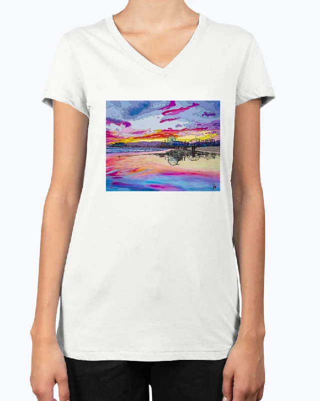 Santa Monica Pier 2 - V Neck Tee Zippered Buttoned Snapped