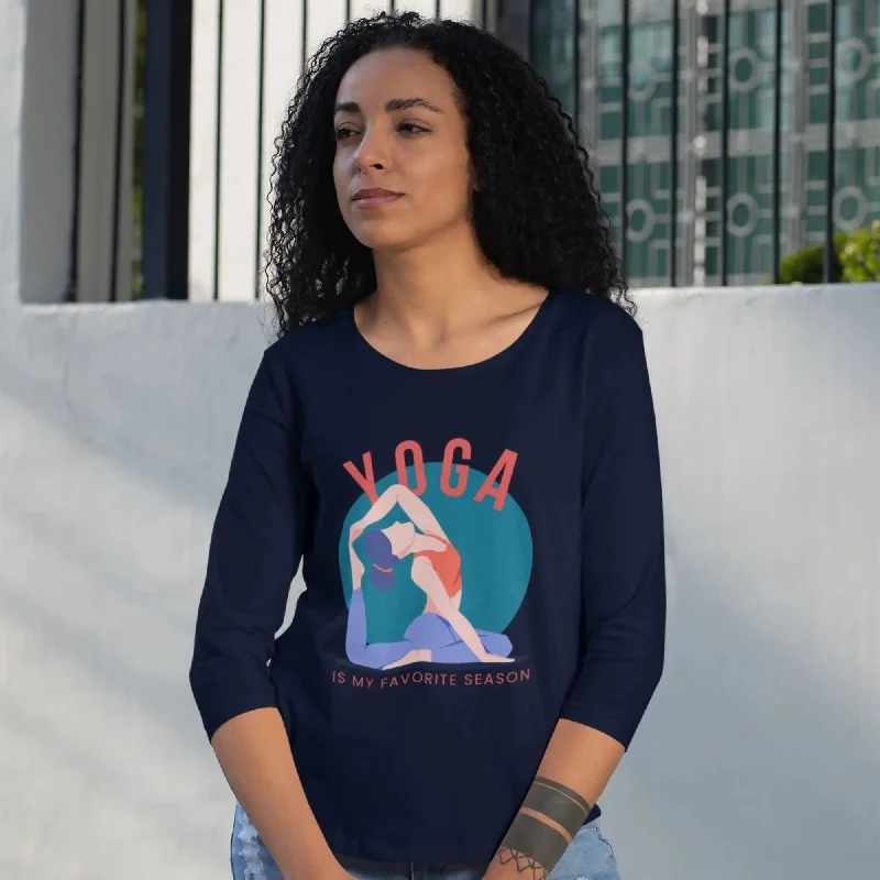 Yoga is My Favorite Season Women’s 3/4th Sleeve T-Shirt Denim Fabric Leather Fabric Suede Fabric