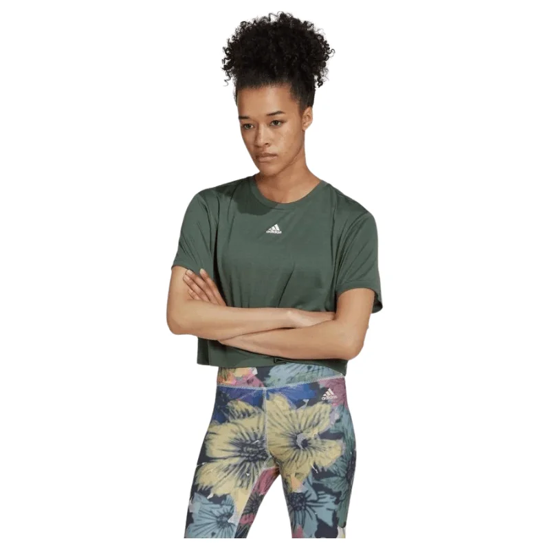 Adidas Women's Training Crop Studio T-Shirt- Green Rayon Velvet Corduroy