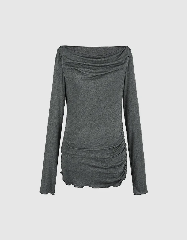 Boat Neck Ruched Skinny T-Shirt Front Pockets Side Pockets Patch Pockets