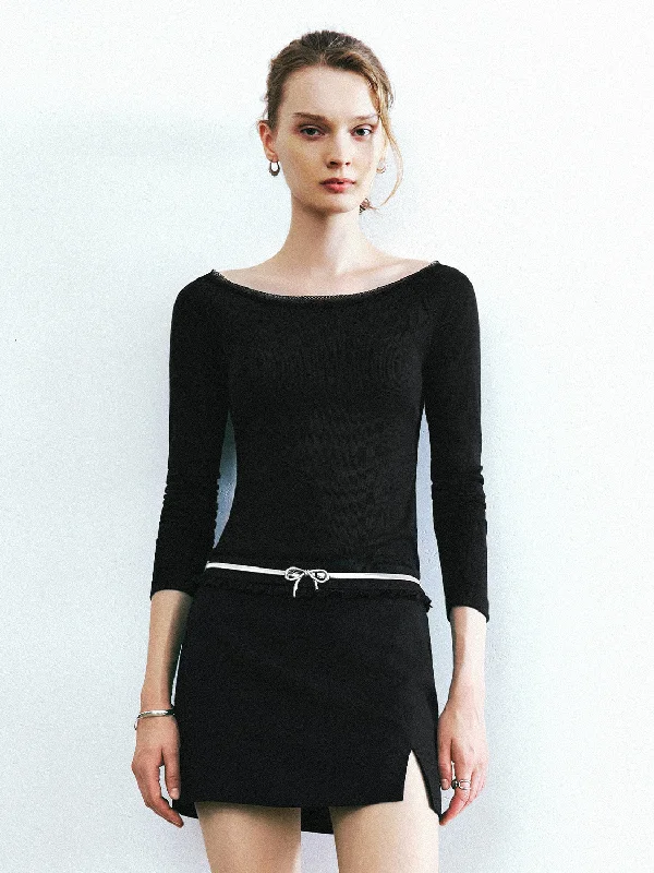 Bow Neck Skinny T-Shirt Front Pockets Side Pockets Patch Pockets