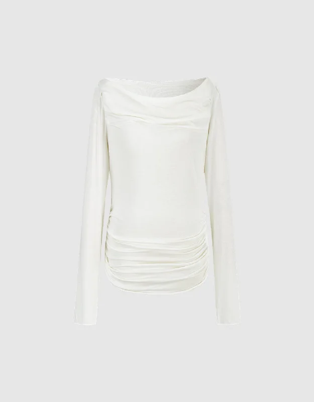 Cowl Neck Ruched Skinny T-Shirt Solid Print Embellished