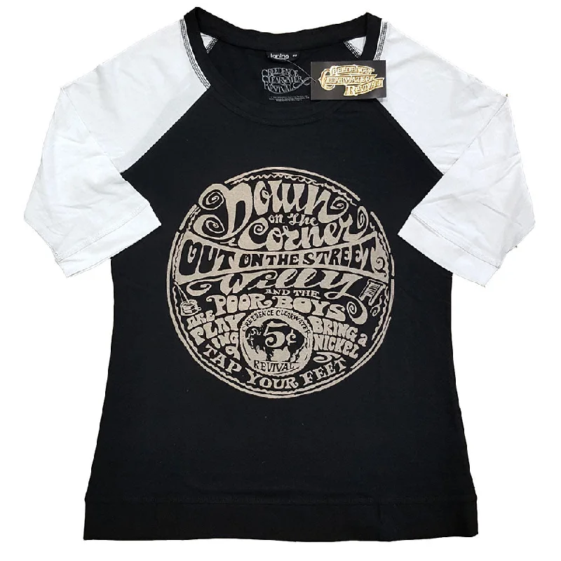 Creedence Clearwater Revival Ladies Raglan T-Shirt: Down On The Corner Houndstooth Herringbone Solid