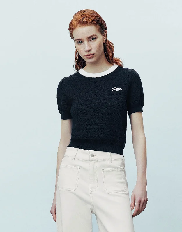 Crew Neck Knitted T-Shirt Houndstooth Herringbone Solid
