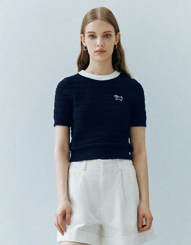 Crew Neck Knitted T-Shirt Mesh Fabric Canvas Fabric Denim Fabric