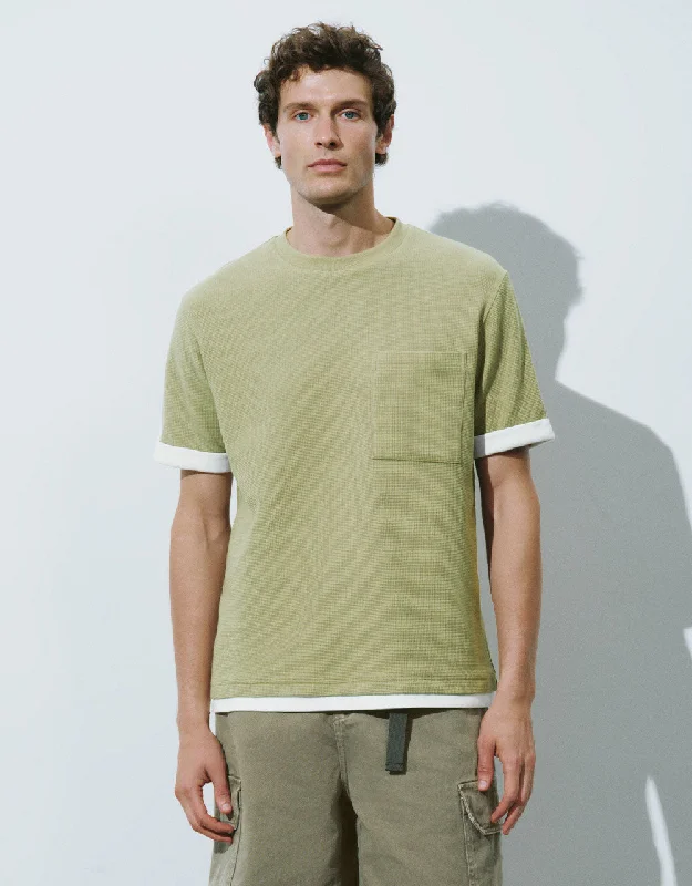 Crew Neck Straight T-Shirt Mesh Fabric Canvas Fabric Denim Fabric