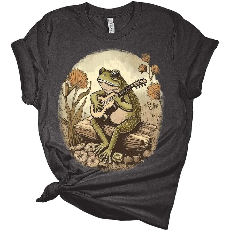 Womens Frog Shirt Cute Frog Playing Guitar Cottagecore T-Shirt Casual Graphic Tee Short Sleeve Top Lace Blend Ribbed Blend Corduroy Blend