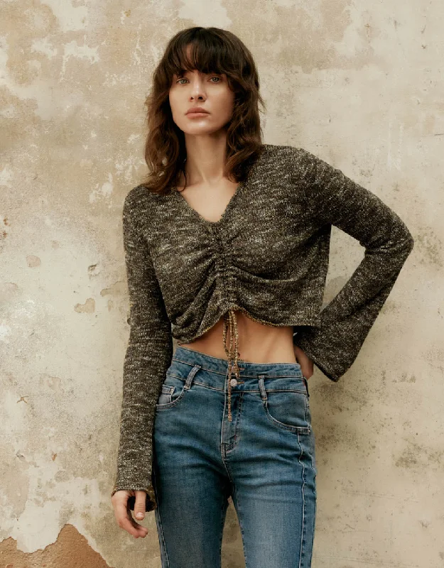 Lace Up V-Neck Knitted T-Shirt Iron Safe Non-Iron Wrinkle Free