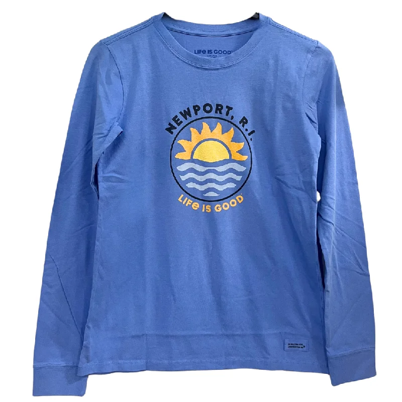 Life is Good. Women's Newport Let it Shine Long Sleeve Crusher Tee, Cornflower Blue Asymmetrical Pockets Print