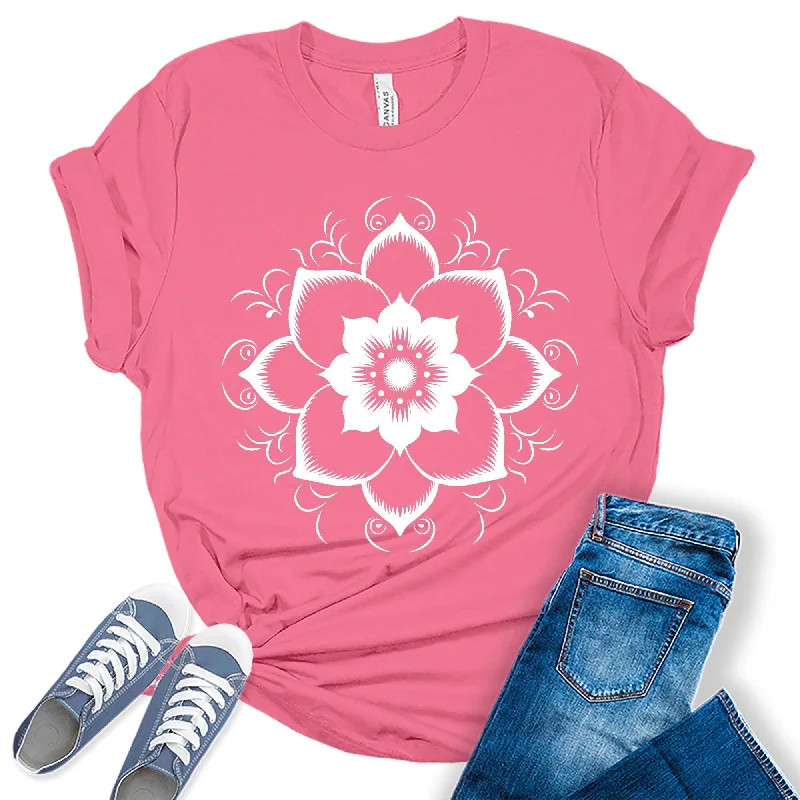 Lotus Mandala Flower Graphic Tees for Women Print Jacquard Patchwork