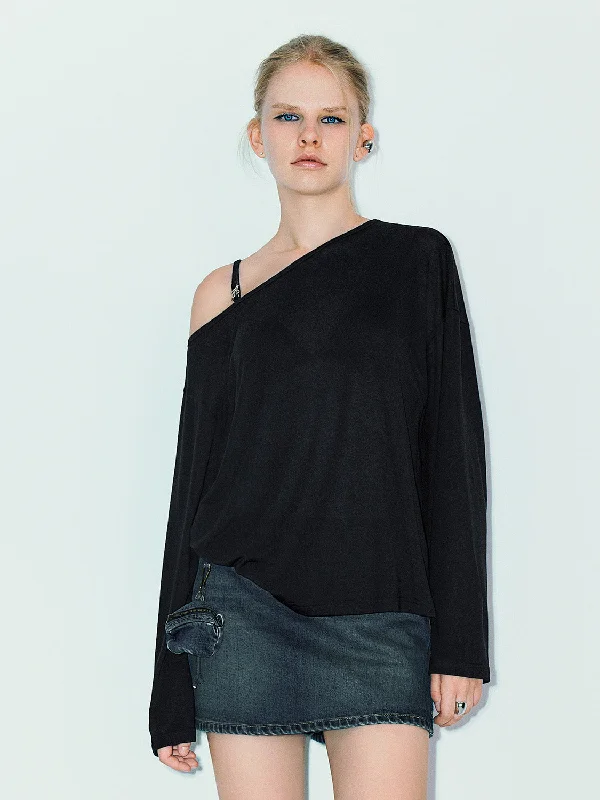 One Shoulder Loose T-Shirt Chenille Blend Fleece Blend Nylon Blend