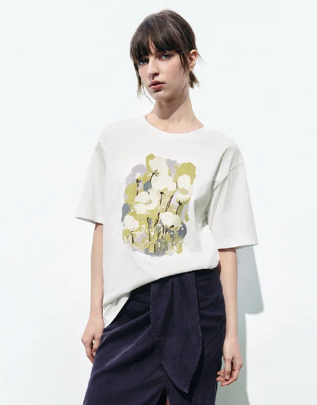 Printed Crew Neck T-Shirt Seamless Knitted Crochet
