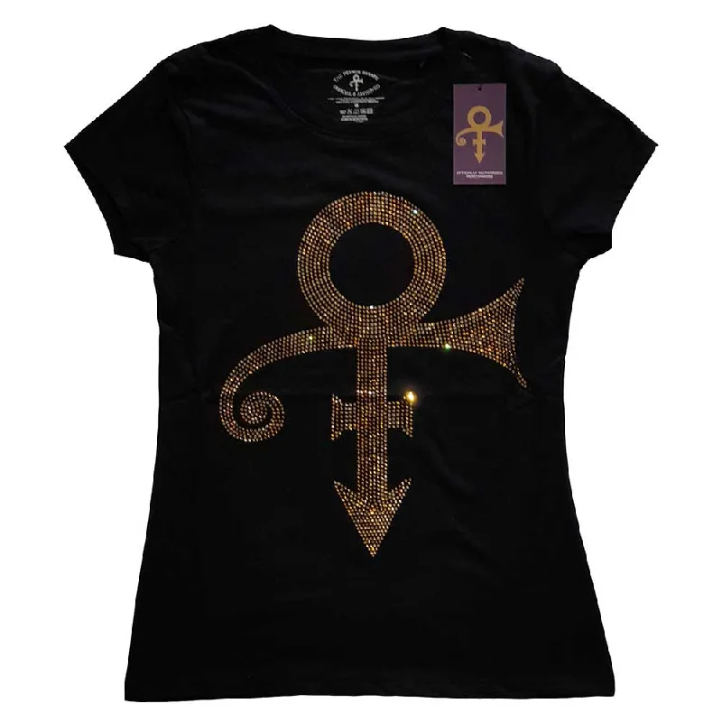 Prince | Official Ladies T-shirt | Gold Symbol (Diamante) Cotton Fabric Linen Fabric Terry Fabric