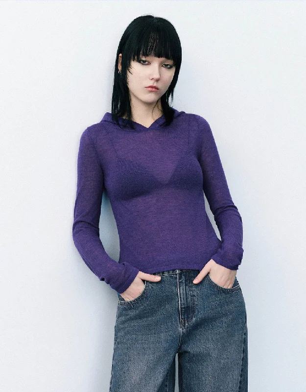 Skinny Hooded Knitted T-Shirt V-Neck T-Shirt Long Sleeve Cotton
