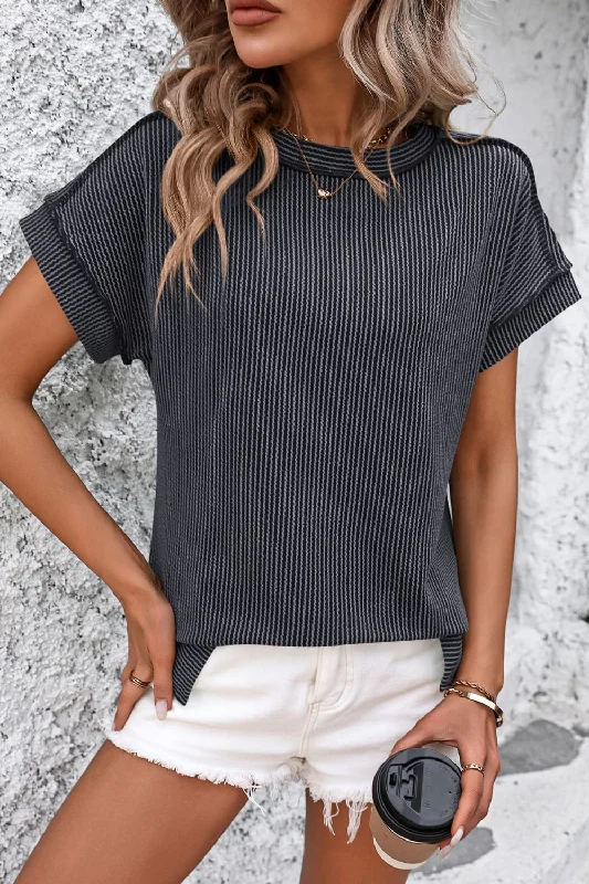 Striped Round Neck Short Sleeve T-Shirt Silk Blend Satin Velvet