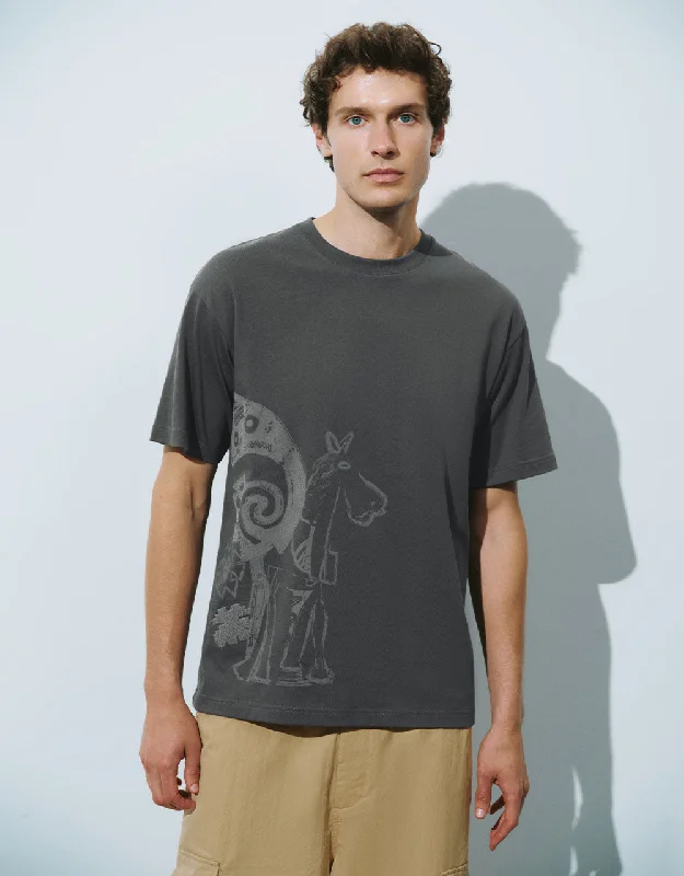 Printed Crew Neck Straight T-Shirt Real Fur Shearling Chenille