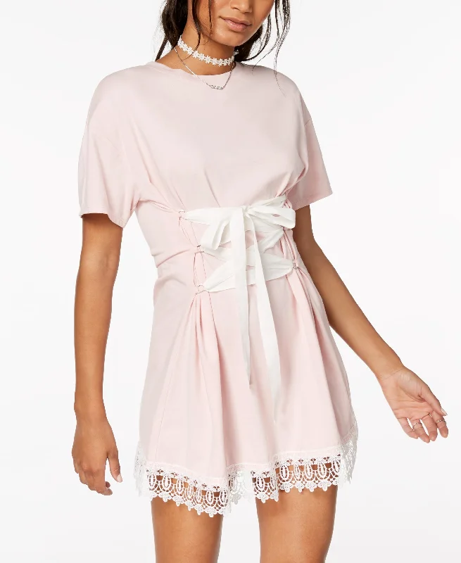 Juniors' Lace-Trim Corset T-Shirt Dress Terry Blend Velvet Blend Canvas Blend