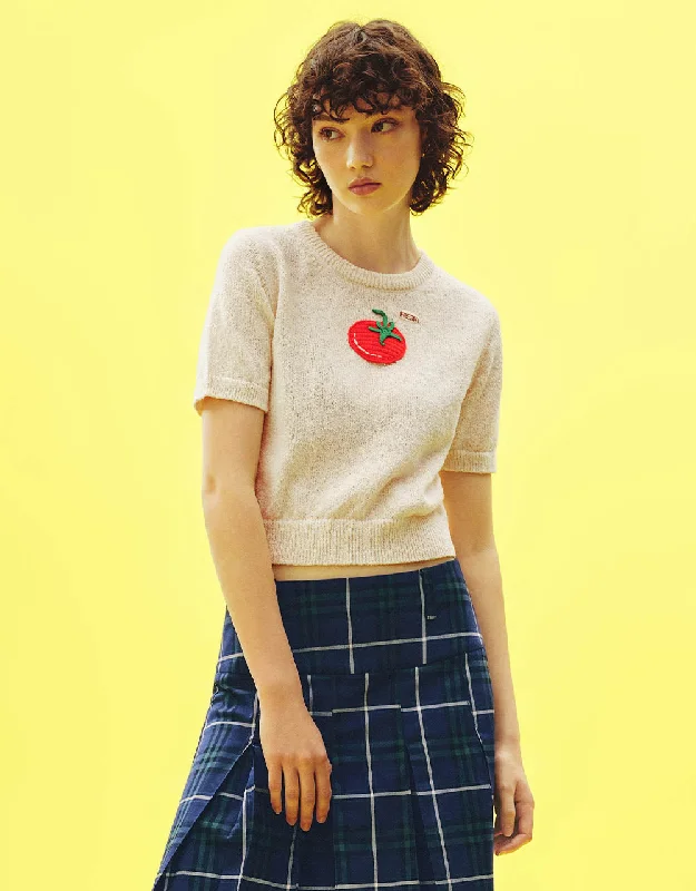 Tomato Embroidered Crew Neck Knitted T-Shirt Mesh Canvas Denim