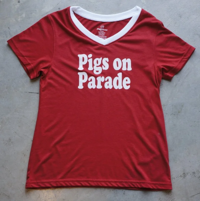 Women's TriBlend SS V-Neck Cardinal Pig Parade Tee Denim Fabric Leather Fabric Suede Fabric