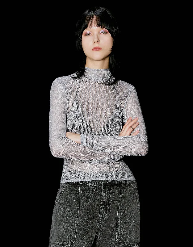 Turtle Neck Knitted T-Shirt Embroidered Appliqued Beaded