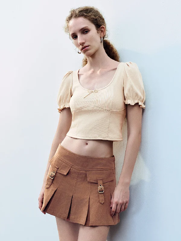 U Neck Skinny T-Shirt Welt Pockets Slit Pockets Flap Pockets