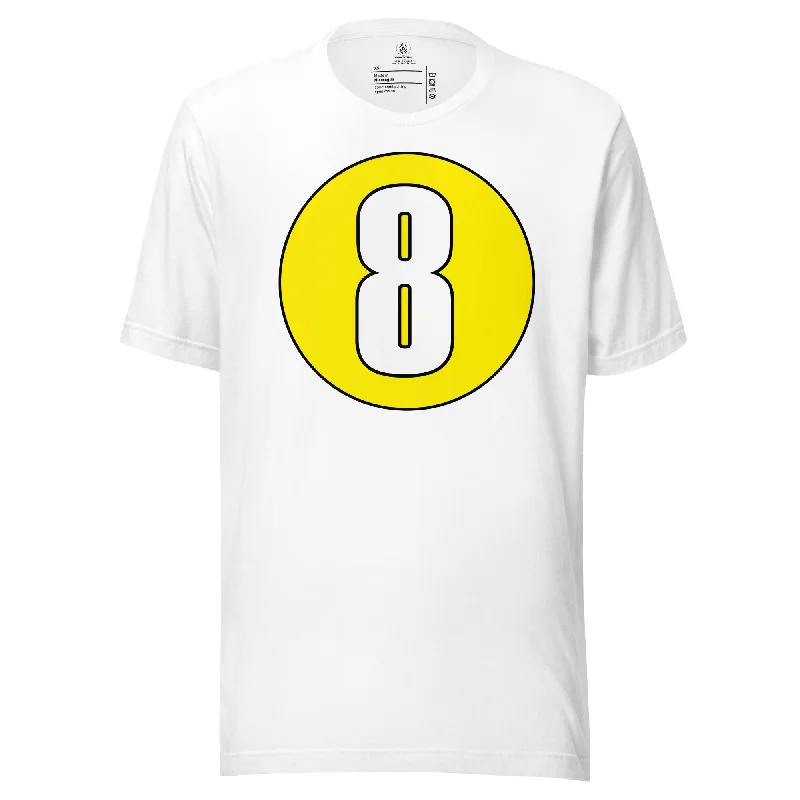 Unisex t-shirt: White on Yellow 8 Zippered Front Buttoned Front Snap Front