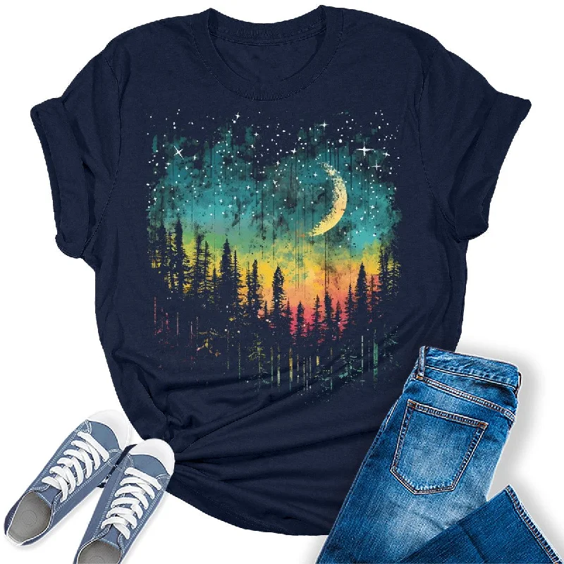 Women's Crescent Northern Lights Camping Forest Graphic Tees Welt Pockets Slit Pockets