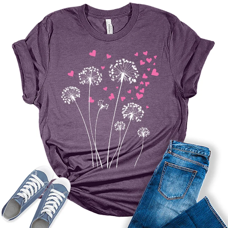 Womens Dandelion Heart T-Shirt Floral Summer Short Sleeve Graphic Tees Mesh Canvas Denim