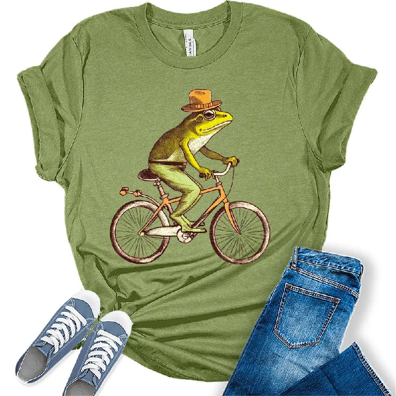 Womens Frog Shirt Cottagecore Aesthetic Frog Riding Bike With Hat T-Shirt Cute Short Sleeve Graphic Tees Plus Size Summer Tops Mesh Canvas Denim