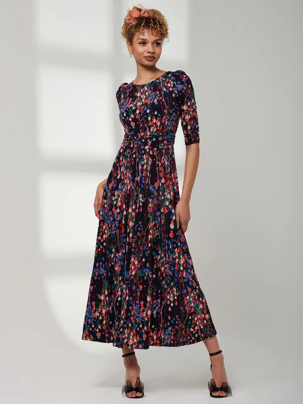 3/4 Sleeve Print Jersey Maxi Dress, Navy Multi Fashionable Layered Maxi Dress