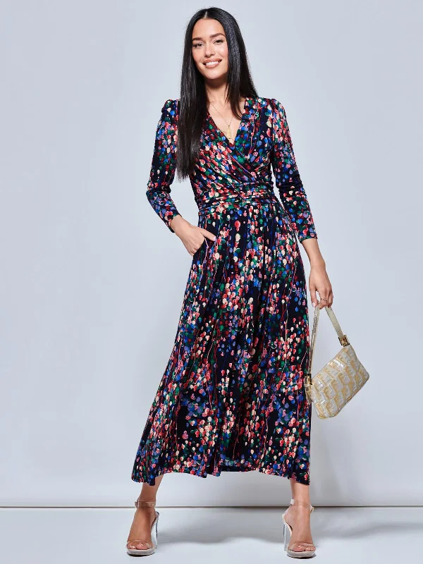 Abstract Print Long Sleeve Maxi Dress, Navy Abstract Comfortable Maxi Dress with Sleeves