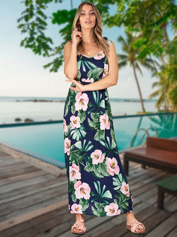 Adjustable Spaghetti Strap Floral V Neck Maxi Dress Classic Black Maxi Dress