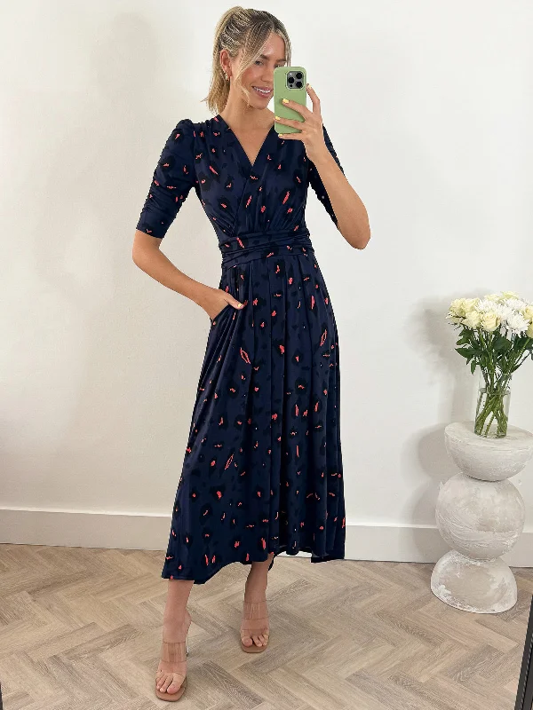 Adria Animal Print Jersey Maxi Dress, Navy Animal Trendy Floral Print Maxi Dress