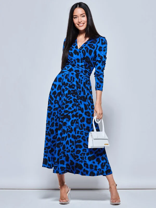 Animal Print Long Sleeve Maxi Dress, Blue Animal Comfortable Satin Maxi Dress