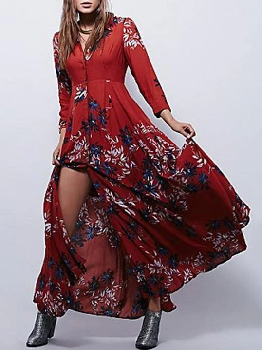 Autumn Floral 3/4 Sleeve V-neck Split-front Bohemia Maxi Dress Comfortable Fitted Maxi Dress