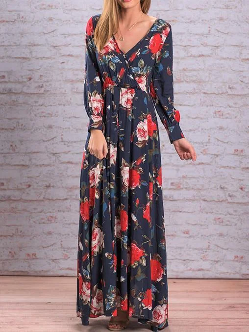 Autumn Floral V-neck Long Sleeves Bohemia Maxi Dress Elegant Sleeveless Maxi Dress