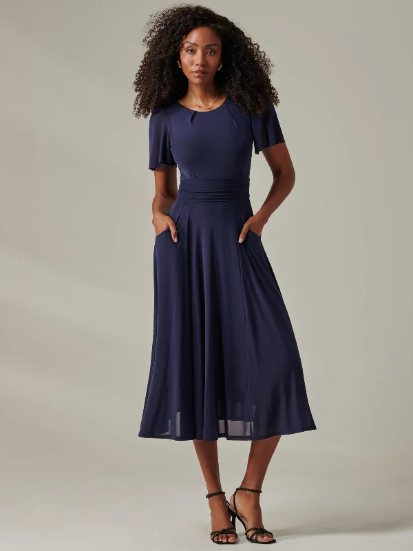 Ayla Plain Mesh Maxi Dress, Navy Stylish Maxi Dress with Pleats