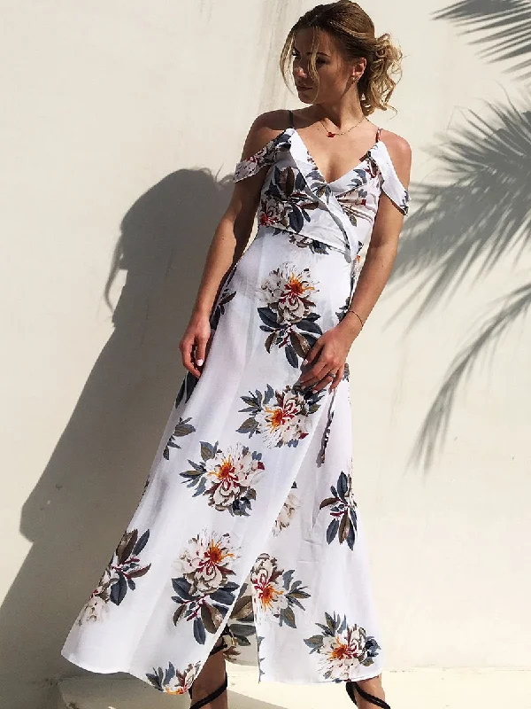 Beach Strap Floral Printed Maxi Dress Cozy Maxi Dress with Slit