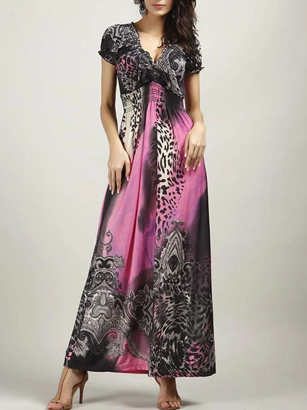 Beautiful Bohemia Floral Short Sleeve V Neck Maxi Dress Elegant Maxi Dress with Ruffles