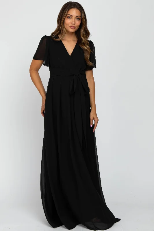 Black Chiffon Short Sleeve Maternity Maxi Dress Fashionable Printed Maxi Dress